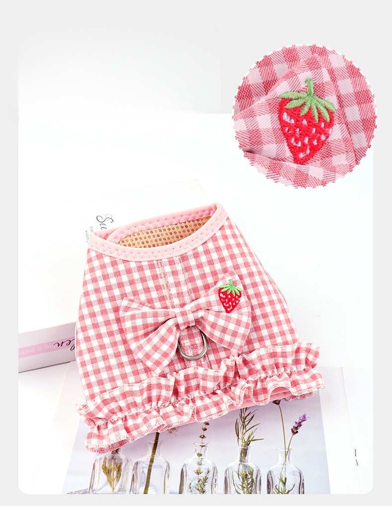 Pink Gingham Dog Harness with Strawberry Detail and Matching Leash